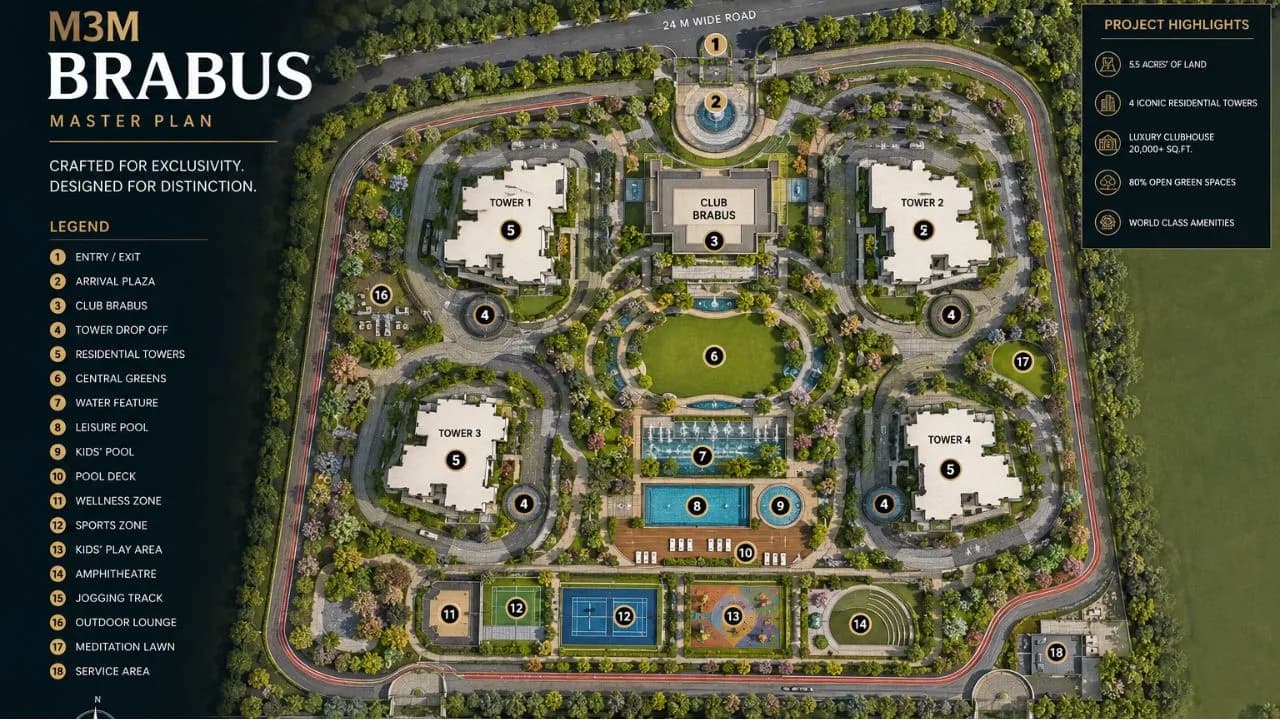 M3M Brabus master plan — Towers 1–4 and Club Brabus arranged around central landscaped greens