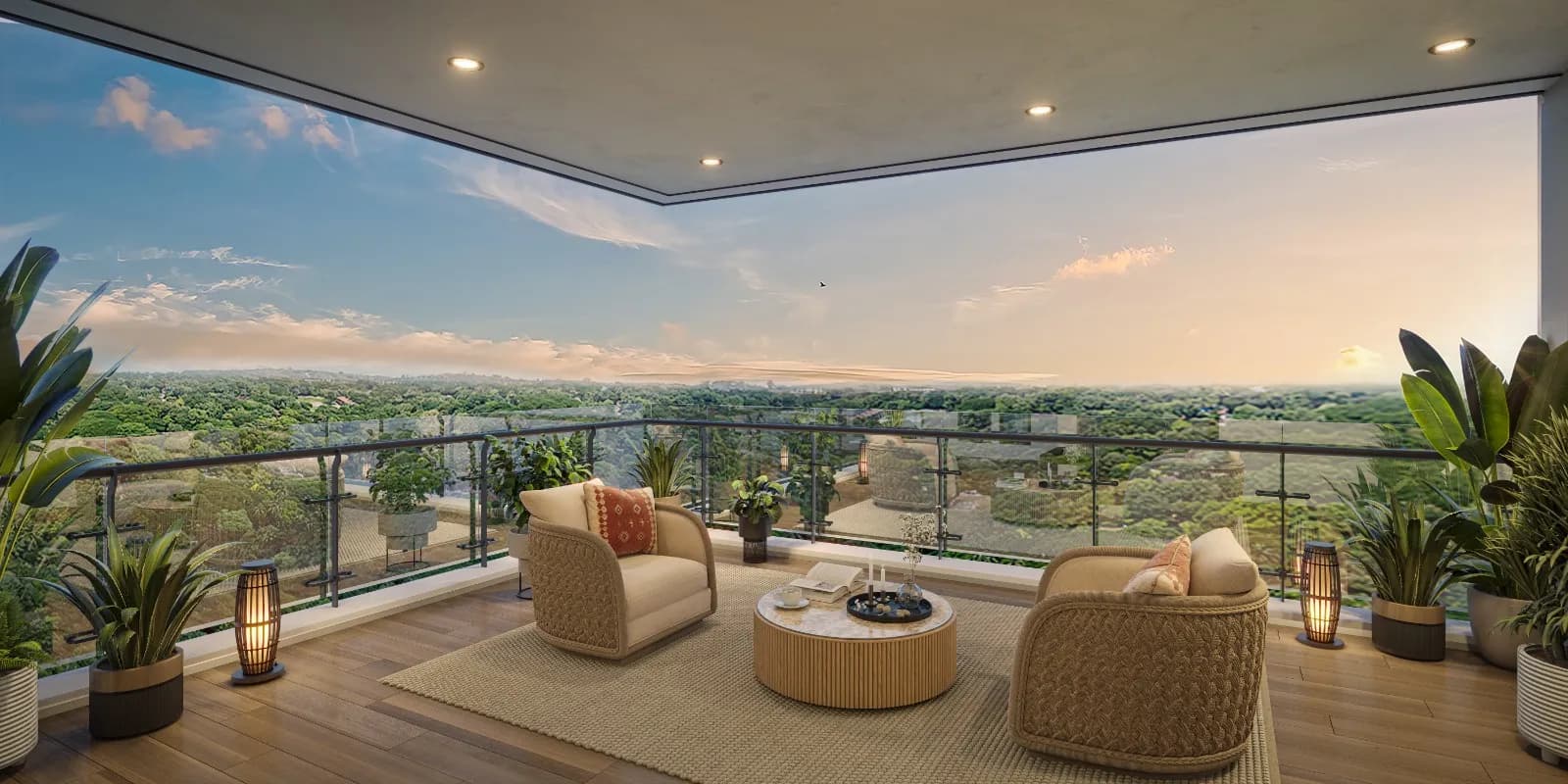Panoramic balcony view from a four-side open residence at TARC Ishva