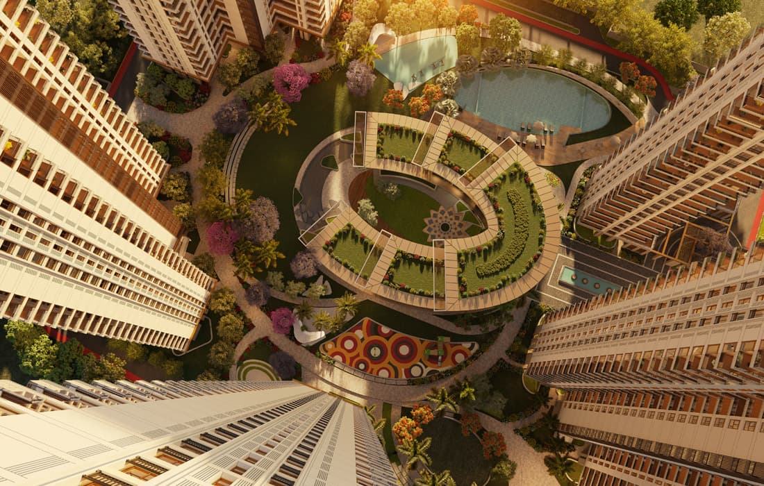Aerial view of the landscaped gardens at TARC Ishva