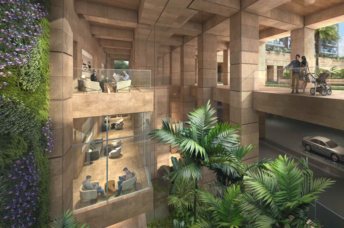 Pedestrian stone arcade above, with vehicle circulation below at Conscient Hines Elevate 3.0